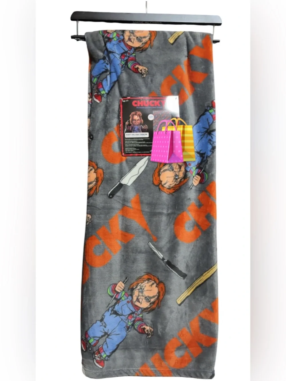 Chucky Fleece Throw Blanket in Gray & Orange - Licensed Character Design